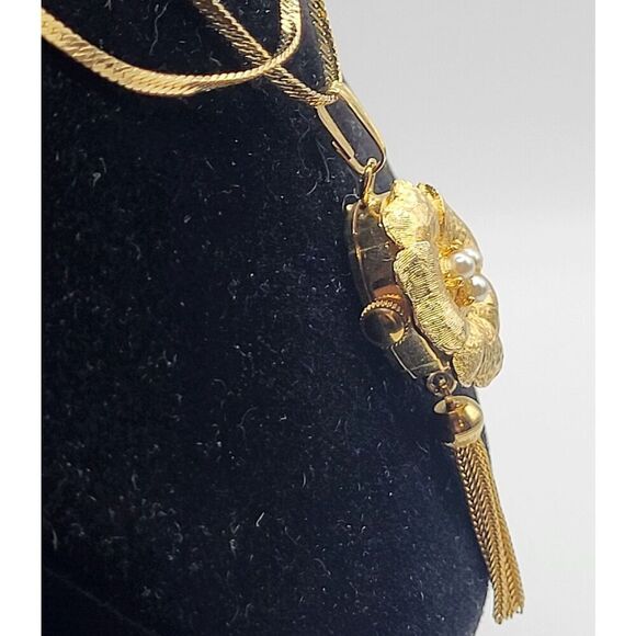 RIVIO 17 Jewels Swiss Flower Pocket Watch Pendant Monet 2.5in Fringe 29in chain